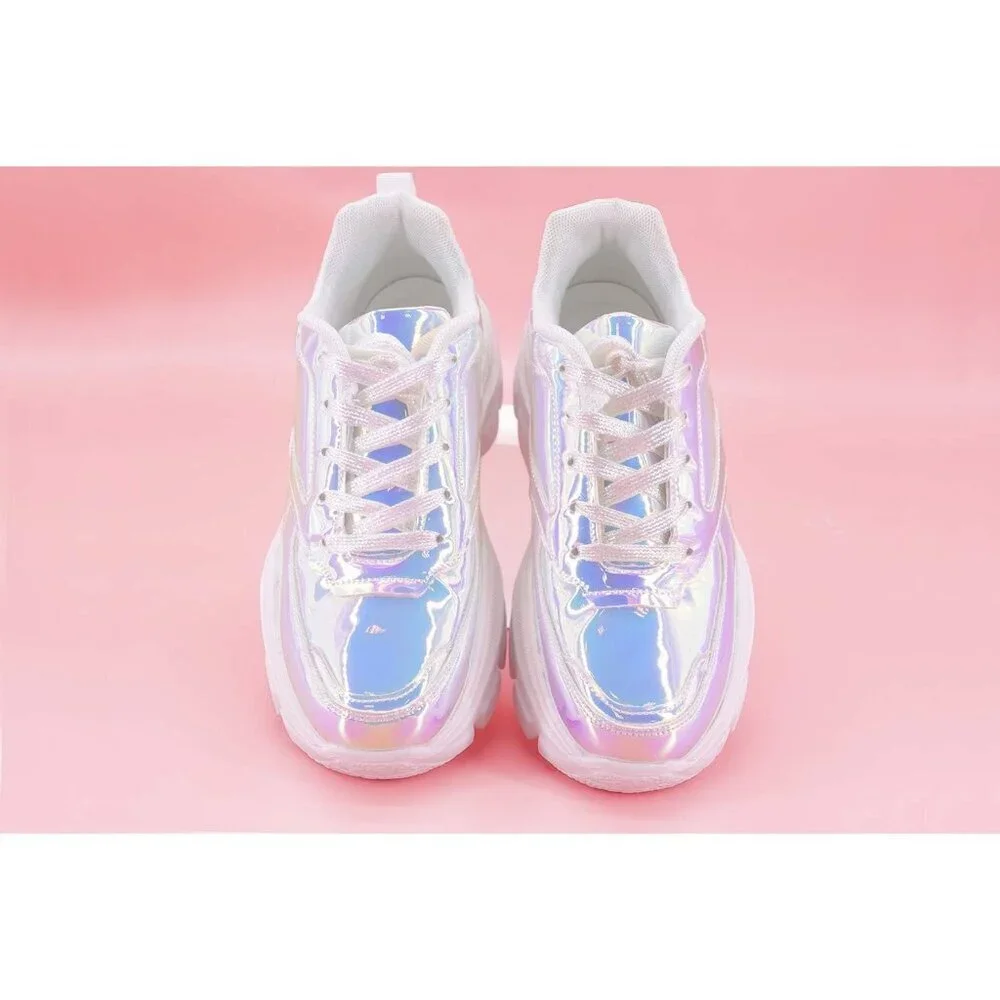 Women White Hologram Platform Fuchsia Hologram Casual Lace-Up Sneakers